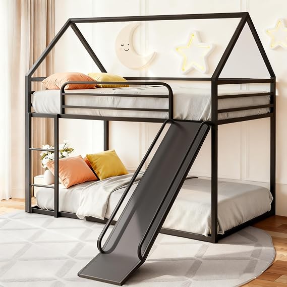 Bunk Bed with Slide for Kids,Bunk Bed Twin Over Twin, Metal Junior House Low Bunk Bed, Toddler Floor Bunk Beds Frame with Guardrail for Kids, Convertible Slide and Ladder Noise Free(New Black)