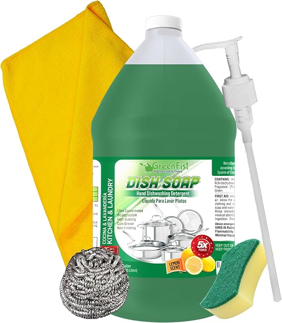 GreenFist Dish Soap Ultimate Kitchen Kit Pump, Towel, Sponges & Scrubbers, Complete Cleaning Bundle 1 Gallon, Lemon Scent