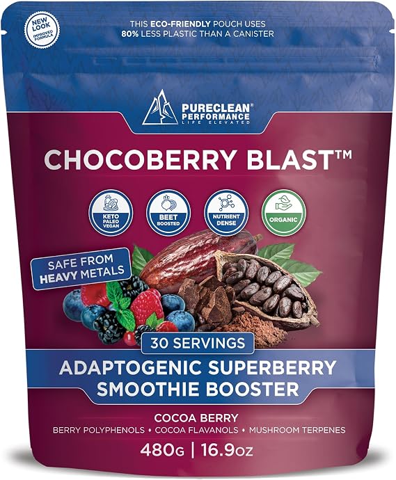 ChocoBerry Blast Mushroom-Berry Smoothie Premium Superfoods Shake Powder for Daily Nutrition - Beet, Adaptogens, Real Cocoa, Polyphenols Doctor-Formulated Greens-Free - Chocolate Berry (1.16 lbs.)