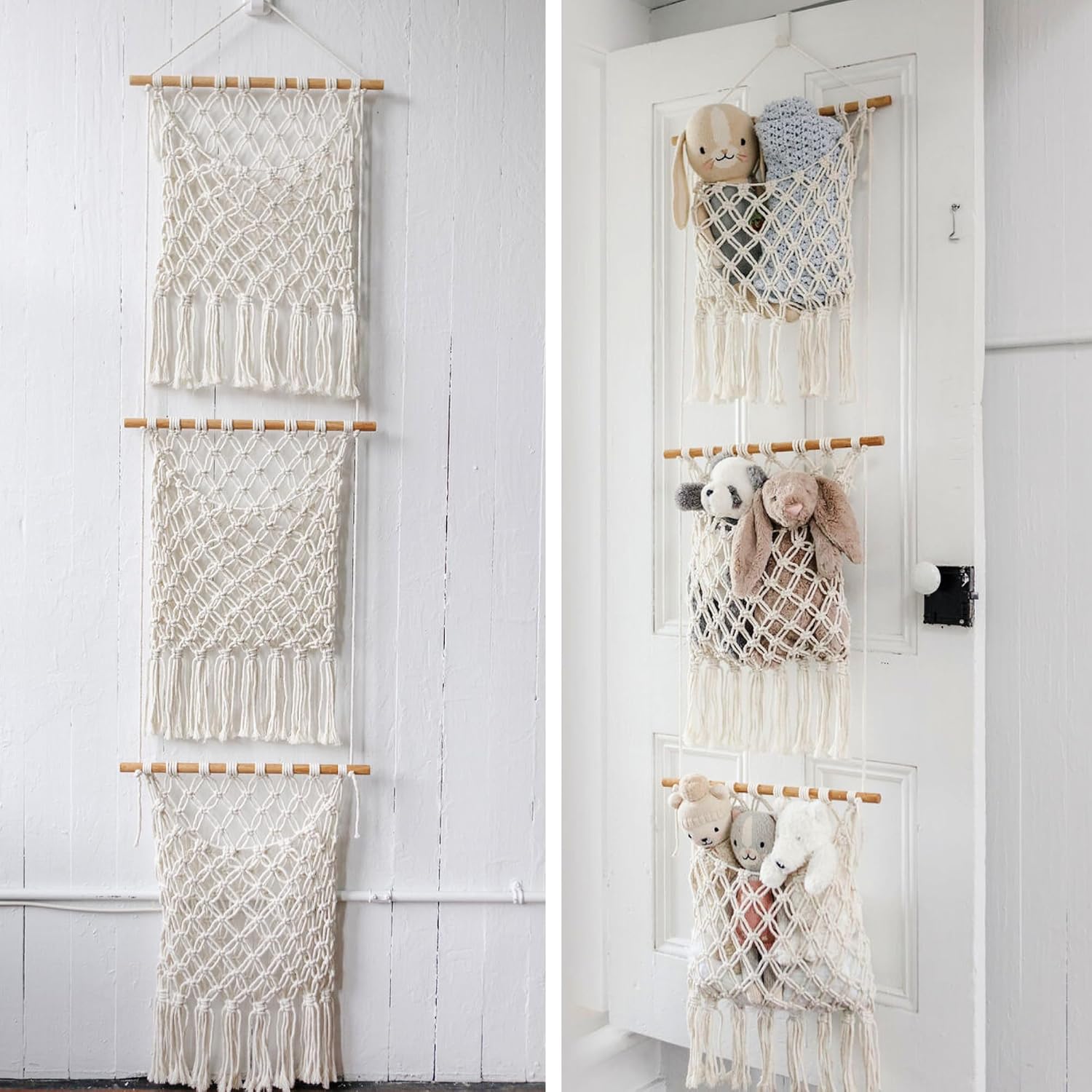 Sasa Macrame Over Door Organizer - 3-Tier Hanging Organizer with Canvas Pouch & Door Hook, Nursery Decor, Kids Room, Playroom, Dorm, Storage for Stuffed Animals, Plushies, Blankets, Baby Essentials