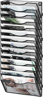 14-Pocket Wall File Organizer, Hanging Mail Organizer Wall Mounted Paper Document Holder, Metal Clipboard Storage Basket for Office Home School Organization, Black