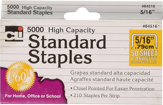 Charles Leonard High Capacity Standard Staples, 5/16 Inch Leg Length, Silver, 5000/Box (84516)