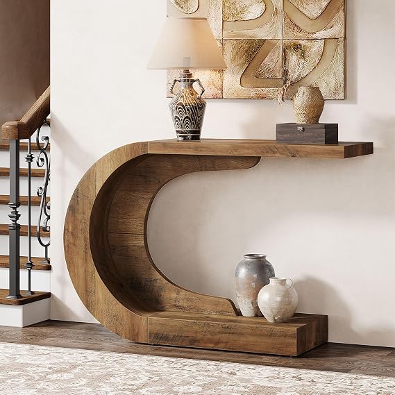 Tribesigns 43.3" Mid-Century Modern Console Table for Entryway, Wood C-Shaped Hallway Entry Accent Table for Living Room, Entrance, Foyer, Easy Assembly, Brown
