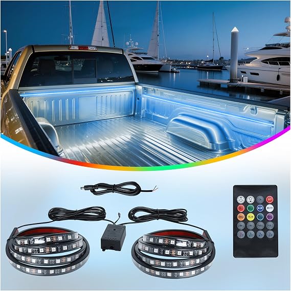 Truck Bed Lights - 2PCS 60" RGB LED Bed Light Strip Kit, Remote Controlled,Music Sync, IP67 Waterproof, Battery Powered LED Lights for Pickup Trucks, SUV, RV, Boat