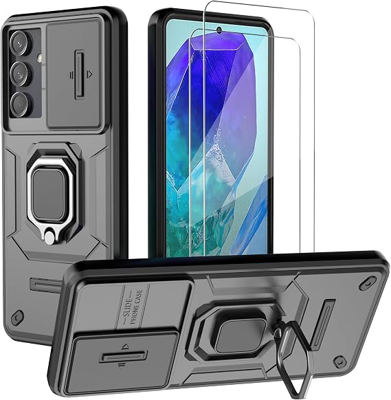 Phone Case for Samsung Galaxy M55 5G Case with Glass Screen Protector [2 Pack], Built Slide Camera Protection Cover,Military Heavy Duty Full Body Protective Phone Case - Black