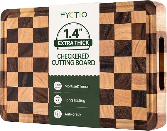 Checkered Cutting Boards for Kitchen, 1.4“ Thickened Wooden Butcher Block with Juice Grooves & Handles, Chopping Board for Meat, Vegetables and Fruits with Gift Box, 16" x 11"×1.4"