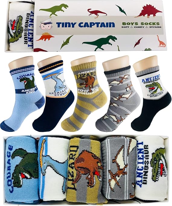 Tiny Captain Boys and Girls Dinosaur Socks Ages 4-6 & 7-10 Year Old Crew Socks Age 4 Kids Gift Set