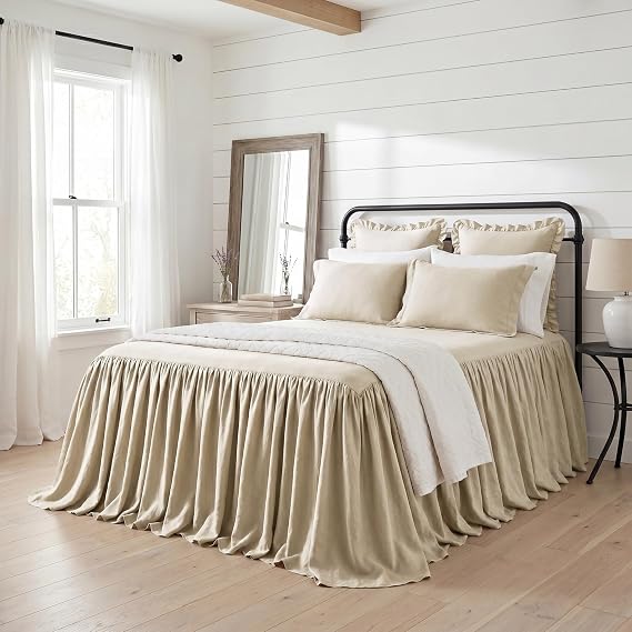 HiEnd Accents Luna Washed Linen 3 Piece Ruffle Skirt Bedspread Set with Pillow Shams, Light Tan King Size, Romantic Shabby Chic Farmhouse Style Bedding Cover Set, 1 Bed Spread and 2 Pillow Cases