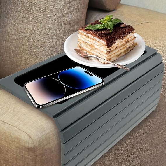 Sofa Arm Tray Table, Wood Sofa Arm Tray, Foldable Armrest Tray with Fabric Backing Couch Cup Holder, Non-Slip Sofa Arm Table, Stable Couch Arm Table for Drink, Snacks, Magazine, and Remote(grey)
