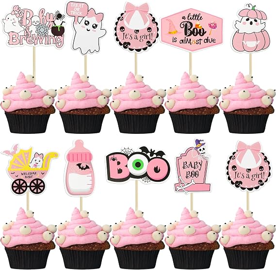 Gyufise 36pcs Halloween Cupcake Toppers - Ghost, Bat,#39;Baby is Brewing',#39;Boo',#39;It's a Boy' for Boys' Birthday & Halloween Theme Baby Shower - Pink