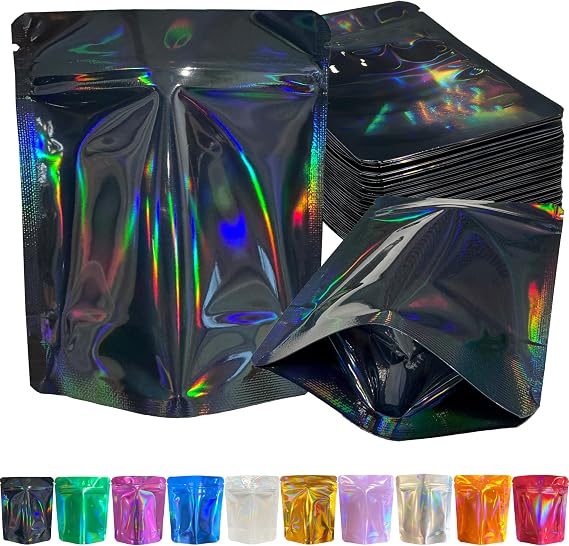 100 Pack Premium Smell Proof Mylar Bags, Resealable Storage Bags with Double-sided Holographic Printing, 5" x 4" Aluminum Foil Stand-up Packaging Bags. (Black/Dark Gray)