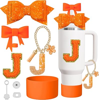 XIANGYUAN 8Pcs Cup Accessories Set for stanley 30 oz 40 oz tumbler with handle, Including Straw Topper Cover Cap and Boot,Sticker,Silicone Spill Proof Stopper,Orange Decorate for Boy Girl Orange J