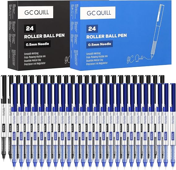 48 Rollerball Pens 0.5mm Needle Point Black Liquid Ink Pens 24 and Blue Liquid Ink Pens 24 for Bullet Journaling, Office Supplies for Writing, Taking Notes & Sketching BKL48