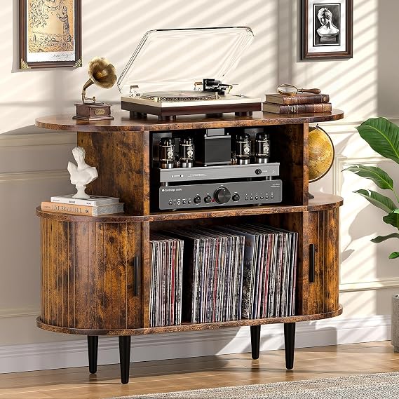 Large Record Player Stand with Storage and Shelves, Brown