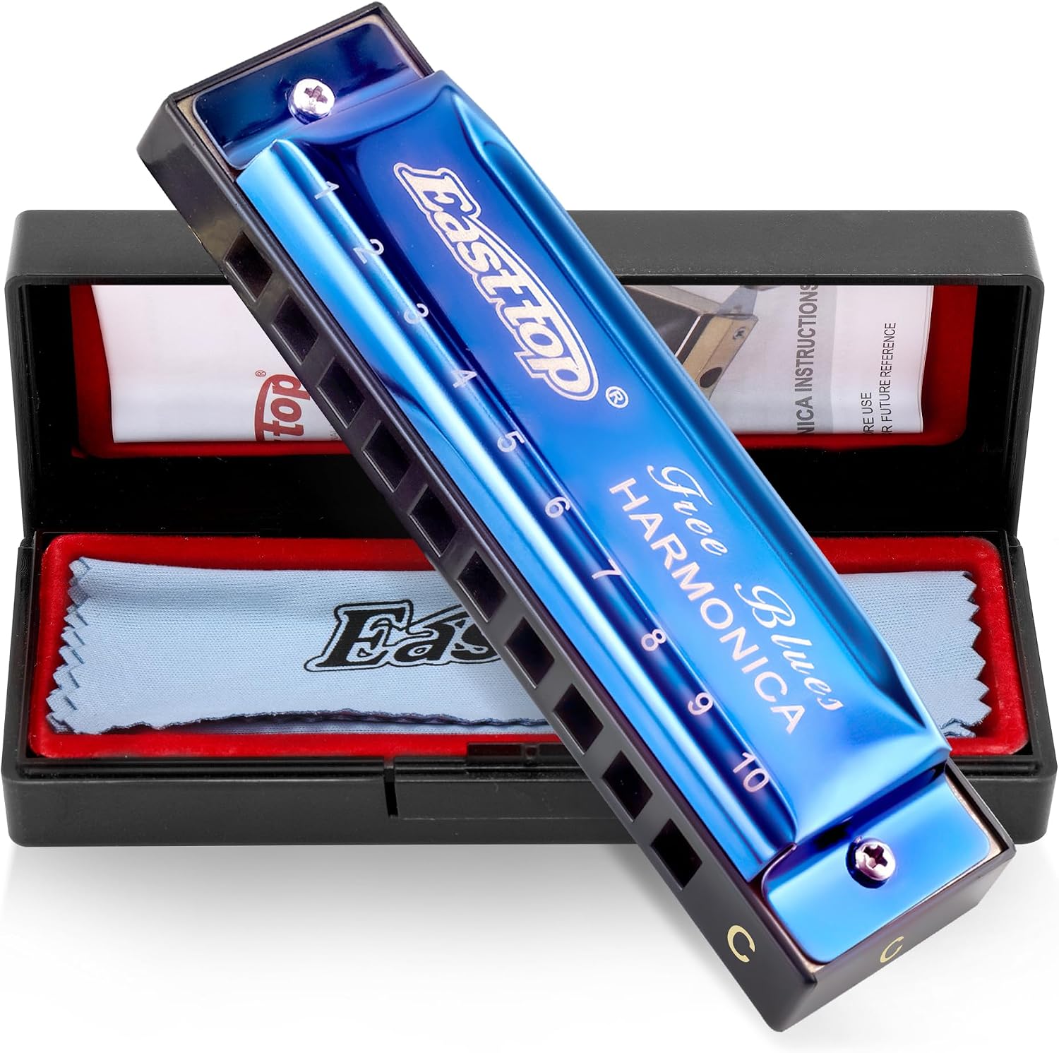 East top Blues Diatonic Harmonica in C, 10 Holes Mouth Organ harmonica for Adults, Harmonica for Beginners, Professional Player and Students