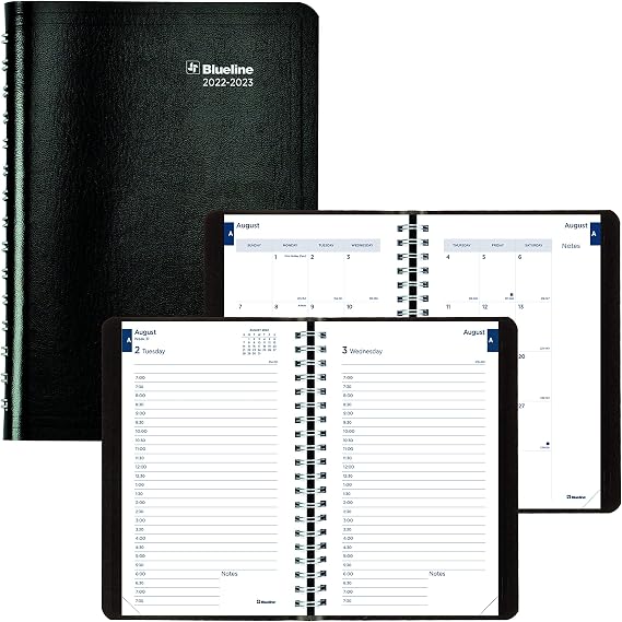 Blueline Academic Daily/Monthly Planner, 8 x 5, Black Cover, 12-Month (Aug to July): 2022 to 2023