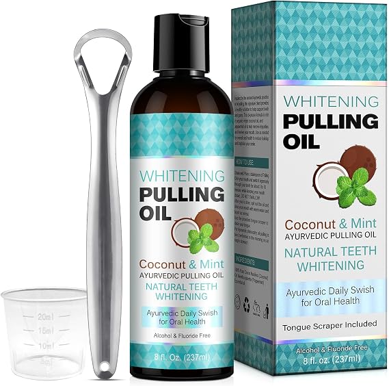 Coconut Pulling Oil (8 Fl.Oz), Mint Oil Pulling for Mouthwash, Coconut Oil Pulling with Tongue Scraper, Natural Coconut Oil Pulling for Teeth & Healthier Gum, Alcohol Free