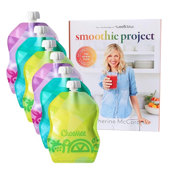 ChooMee Smoothie Project by Weelicious + SnakPack Reusable Food Pouches - New! | 6 CT, 8 oz | TropiColor Design, Ideal for Purees, Smoothie Blends and Baby Food