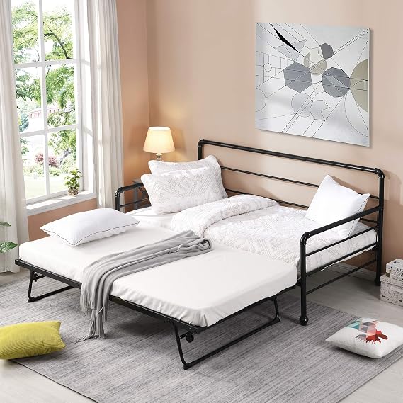 Twin Metal Daybed with Adjustable Pop Up Trundle, Heavy Duty Steel Frame, Metal Slat Support, No Box Spring Need, Extendable Bed Daybed for Bedroom Living Room