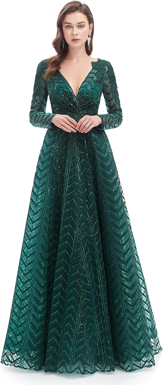 Prom Ball Gown Beaded Applique Long Sleeves Pageant Formal Evening Party Dress