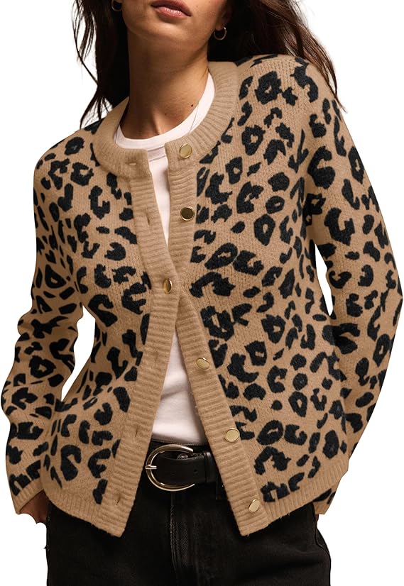 Leopard Print Cardigans for Women Cheetah Open Front Sweaters Button Down Knit Fall Clothes Long Sleeve Outwear Coats