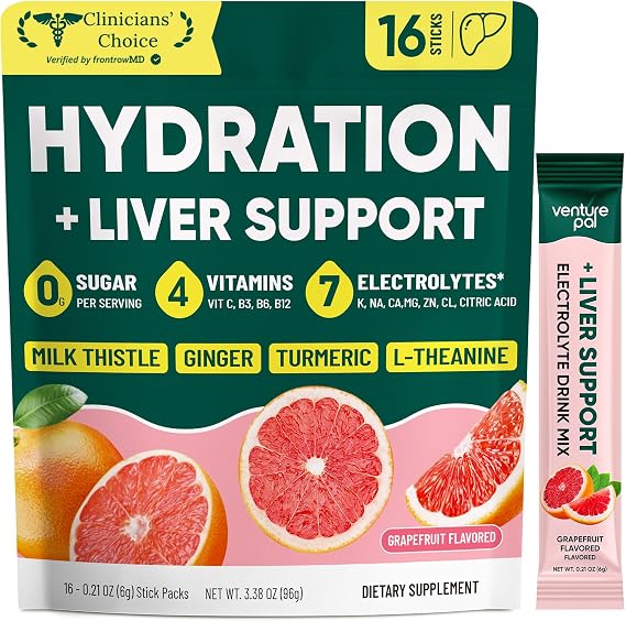 Venture Pal Hydration Packets + Liver Support- Liquid Daily IV Electrolyte Powder Packets with 7 Electrolytes & 5 Vitamins, Milk Thistle + L-Theanine | Sugar-Free | Keto Friendly | Vegan, 16 Sticks