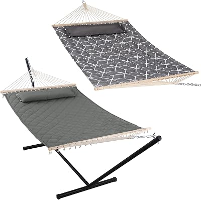 ANOW Grey Hammock with Steel Stand 12FT, Outdoor Hammock with Spreader Bars, 450 LBS Weight Capacity