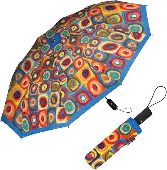 RainCaper Kandinsky Circles Windproof Auto Open/Close 43" Coverage Folding Travel Umbrella Fine Art Reinforced Rib Travel Umbrella w/Matching Sleeve