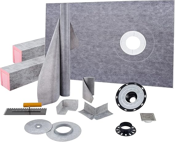 VEVOR Shower Curb Kit, 38"x60" Watertight Shower Curb Overlay with 4" ABS Offset Bonding Flange, 4" Stainless Steel Grate, 2 Cuttable Trowel, Pan Slope Sticks Fit for Bathro