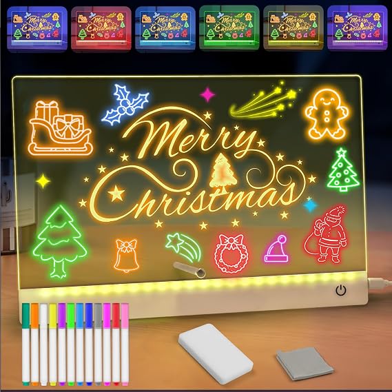 Rechargeable Led Drawing Board for Kids,11.8"X7.87"Glow Doodle Drawing Pad with 6 Colors & 4 Light Modes, Acrylic Dry Erase Board with12 Markers, Best Birthday Toys Gift for Ages 3-12+