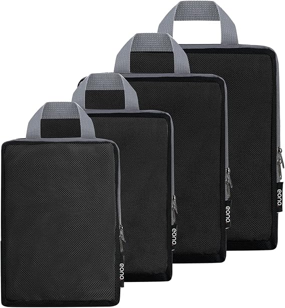Eono Compression Packing Cubes, Luggage Organiser Set, Extensible Suitcase Organiser, Packing Organisers for Suitcases, Packing Cubes for Travel or Home Storage - Net, 4 Set