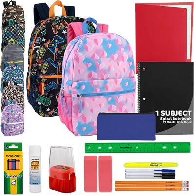 Trail maker 24 Pack Bulk Backpacks with School Supplies for Kids | 20 Piece Back to School Supply Kits and Backpacks for Boys, Girls Mixed Assortment