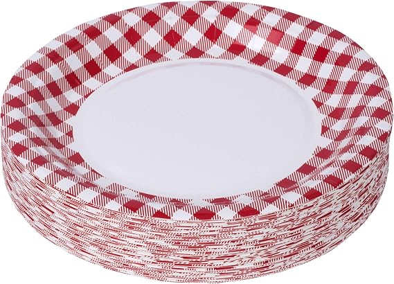 Hammont Picnic Plates - 7" Round Gingham Plate BBQ Party Supplies - Birthday | Backyard | Picnic Decorations - Red & White Checkered Disposable Paper (50 Pack)