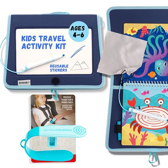 UnbuckleMe Car Seat Buckle Release Tool and Totebook Kids Dry Erase Activity Kit (Ocean Theme)