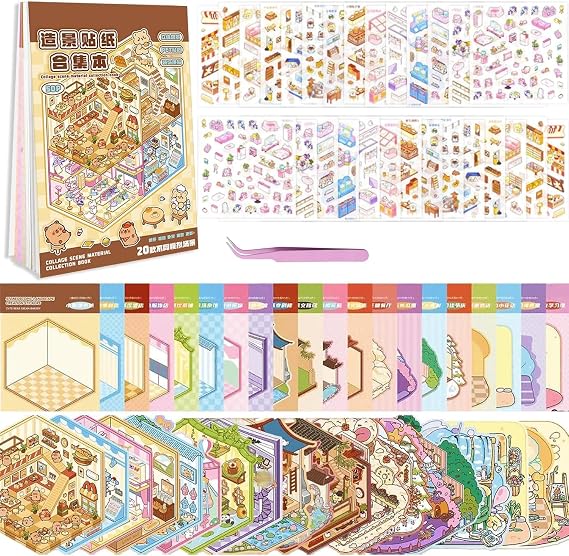 Kunoli Pack of 20 3D Scene Sticker Book Sticker Book 3D House Sticker Book Scene Set DIY Stickers for Crafts with 30 PET Stickers 20 Miniature House 1 Tweezers Relief Stress for Adults Children