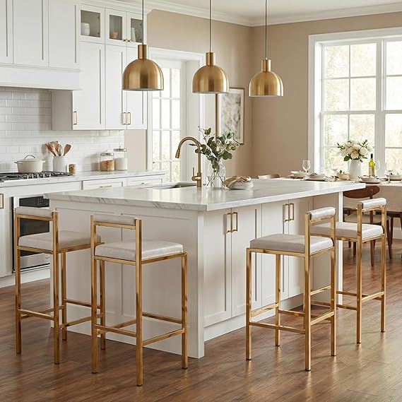 Hyfirm 30" H Gold Bar Stools with Low Back Set of 4, Grey Faux Leather