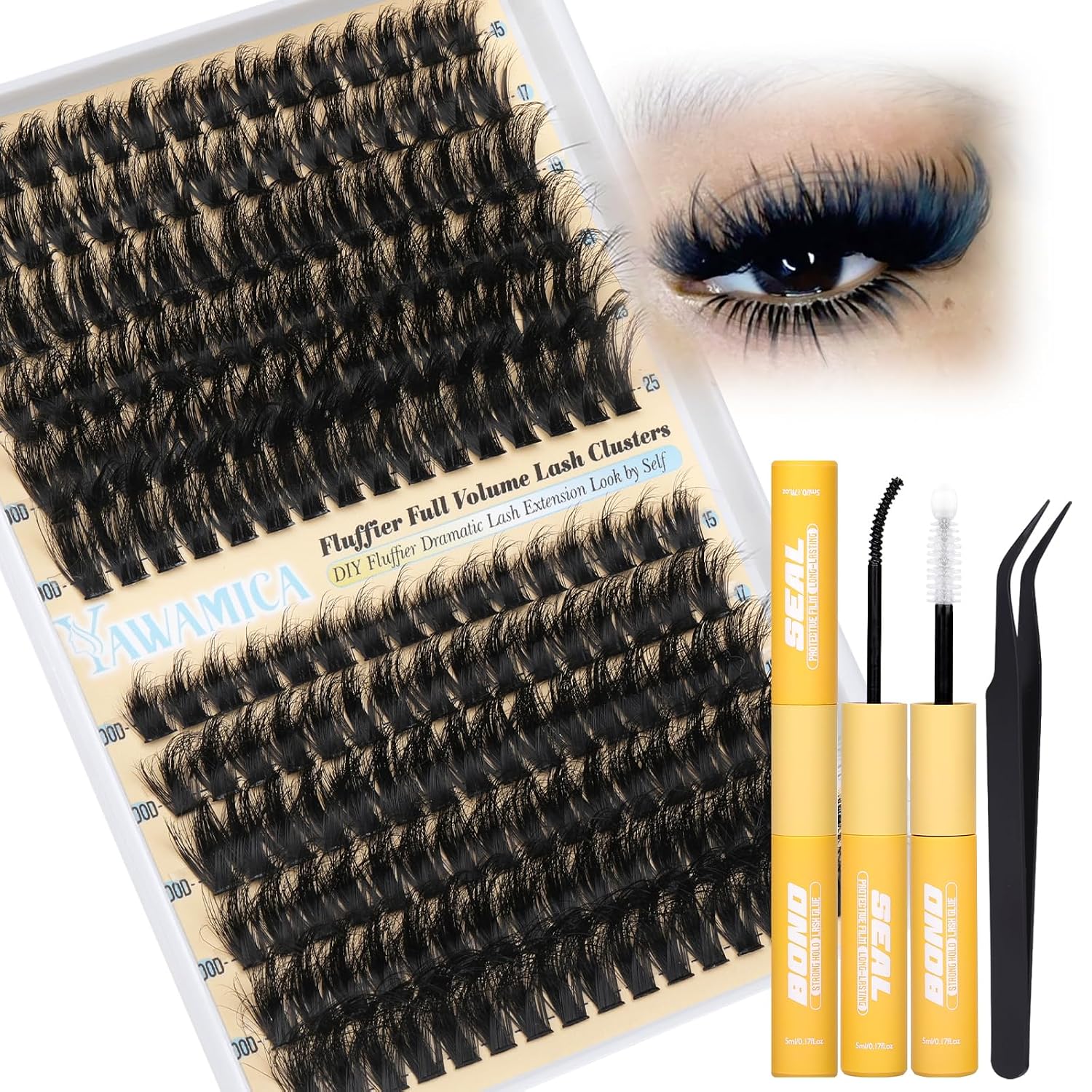 Yawamica Lash Clusters Kit Fluffy Eyelash Clusters 15-25mm Lash Extension Kit 150D200D Volume Individual Lashes D Curly Cluster Lashes DIY Eyelash Extension Kit with Waterproof Bond and Seal