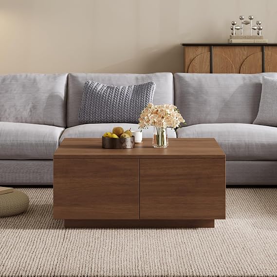 Merax 33.25" Square Coffee Table with 4 Drawers, Walnut