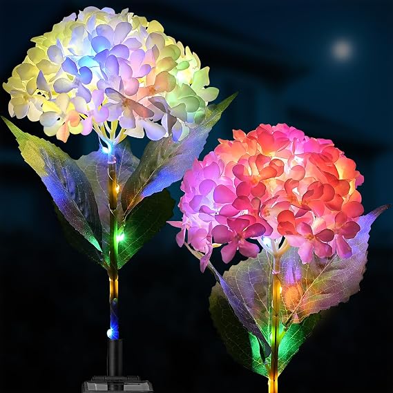 2 Pack Solar Garden Lights Outdoor, LED Colorful Waterproof Solar Powered Hydrangea Flowers Landscape Lights for Patio, Outside Yard, Pathway Decorative, Decor, Two Lightning Modes