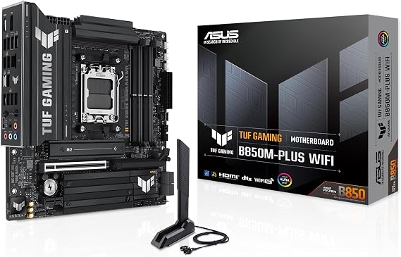 ASUS TUF Gaming B850M-PLUS WiFi AMD AM5 B850 mATX Motherboard, 14+2+1 80A DrMOS Stages, DDR5, PCIe 5.0, 3X M.2, Wi-Fi 6E, 2.5Gb LAN, DP, HDMITM, USB 10Gbps & 20Gbps Type-C, BIOS FlashbackTM, Aura Sync