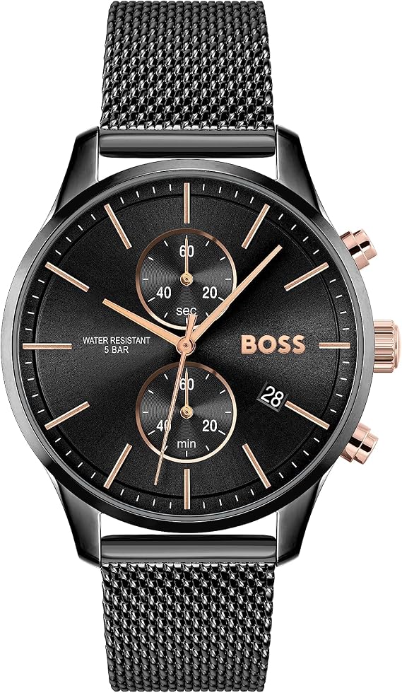 BOSS Herren 42 mm Chronograph Quarz Uhr Associate Kollektion mit Edelstahlarmband in Gliedern oder Mesh Datumsfunktion 2 Totalisatoren 5ATM Wasserbeständigkeit