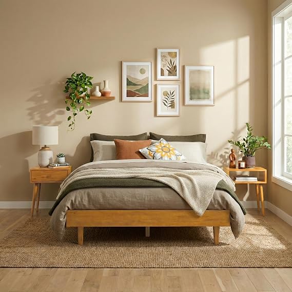 NTC Fly Wooden Bed Frame Without Headboard, Solid Oak and Rubber Wood Foundation with Silent Slats and Wood Central Supports, 1000 Lb Capacity, Effortless Assembly, Queen - Rustic Oak