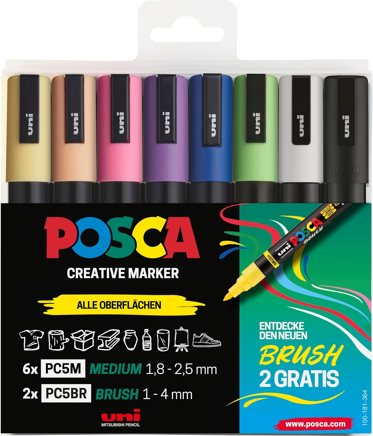 POSCA 186836 - POSCA Marker Set 8 Acrylic Pens Permanent Marker PC-5M and Brush Pen PC-5BR