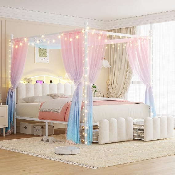 Homkdom Queen Size Canopy Bed Frame with 2 Drawers and LED & Charging,White