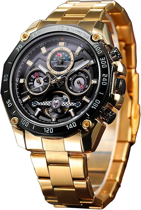 FORSINING Mens Tourbillon Automatic Mechanical Self-Wind Luxury Moon Phase Stainless Steel 44mm Big Black Dial Wrist Watch
