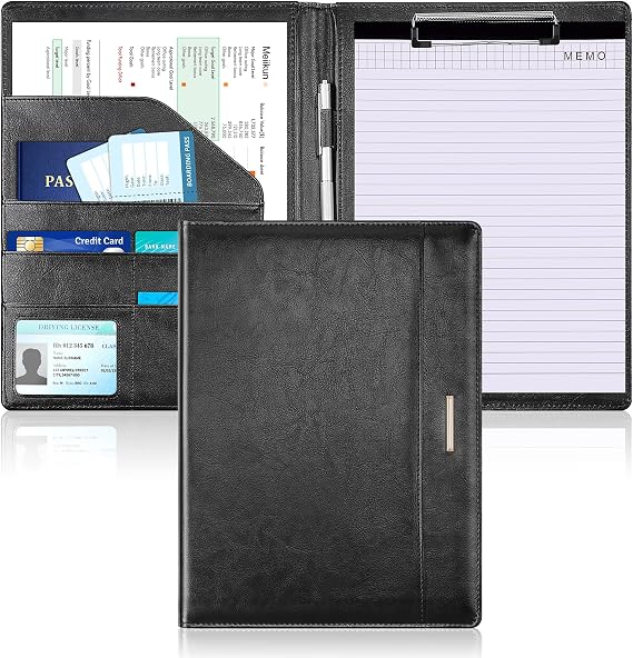Meiikun Padfolio with Clipboard, PU Leather Business Portfolio Binder, Interview Resume Folder with Card Holder, A4 Letter Document Organizer Included Writing Note Pad for School Office(Black)