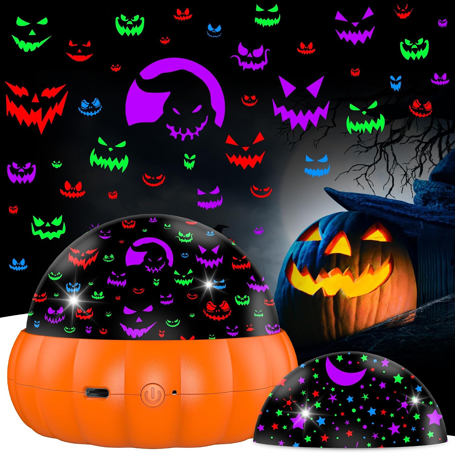 Halloween Pumpkin Night Light Projector for Kids, Star Projector Night Lights with Jack OLantern Faces - Starry Theme, 15 Color Changing and 360 Degree Rotation, Halloween Decor and Gift