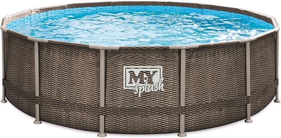 M.Y Splash 14ft x 42in Rattan Finish Metal Frame Swimming Pool Set with Filter Pump Ladder Pool Cover Ground Sheet 14ft Swimming Pool