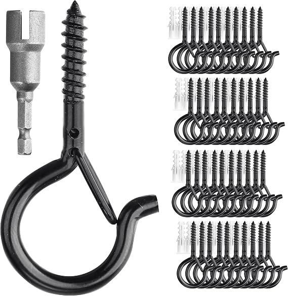 PlusRoc 40 Pack Screw Hooks for Hanging Plants Outdoor Lights(Black) | Christmas Seasonal Lighting, Heavy Duty 2.2 Inch Eye Hook Cup Ceiling Hook Q-Hanger for Patio, Wall Wood Ceiling Deck Mount