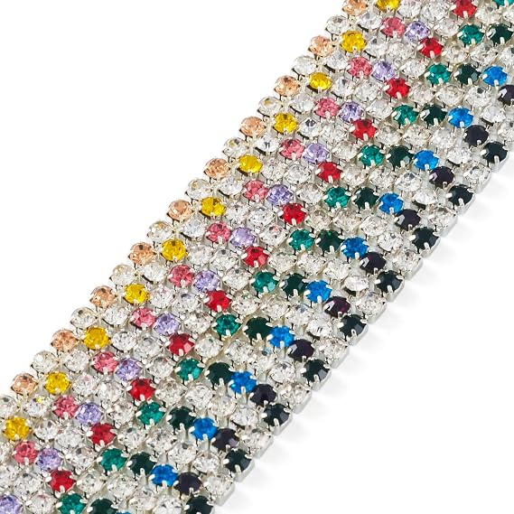 Fashewelry 10 Yards Crystal Rhinestone Chain 2mm Silver Tiny Rhinestone Trim Ribbon Banding Mixed Color for Crafts Shoes Clothes Nail Art Jewelry Making Supplies